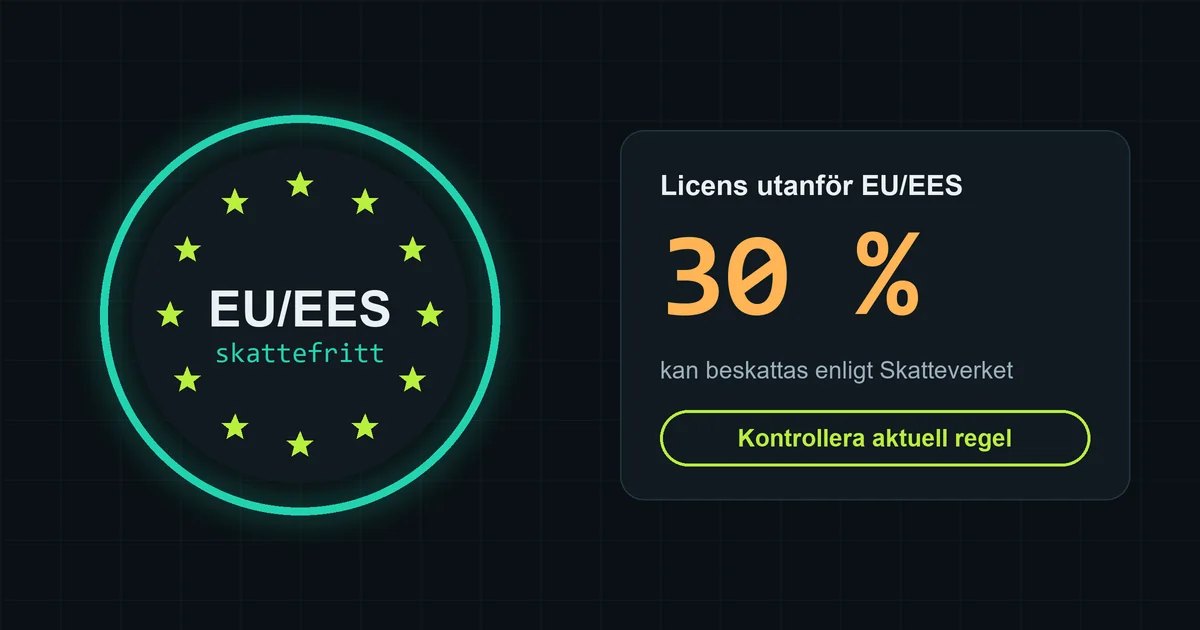 EU/EES-ring med stjärnor och ruta om 30 procent skatt för licenser utanför EU/EES